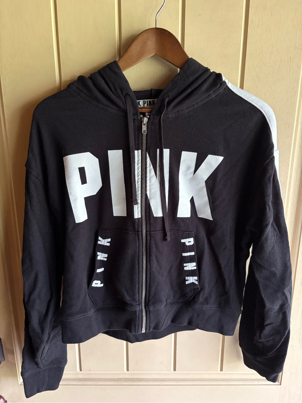 Victoria's Secret PINK Black Zip Up Hoodie with White Logo